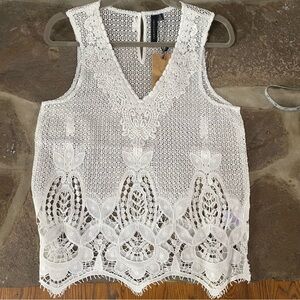 Knot Sisters Lori White Crochet Lace v-neck Sleeveless boho cotton top tank